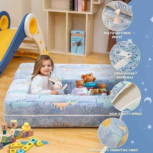 furlinkhm Toddler Couch, Glow in The Dark Kids Play Couch Toddler Fold Out Couch, Kids Fold Out Couch for playroom, Convertible Baby Fold Out Play Foam and Floor Cushion for Bedroom, Blue+Dinosaur - Blue+dinosaur - Toddler Couch thumbnail 7