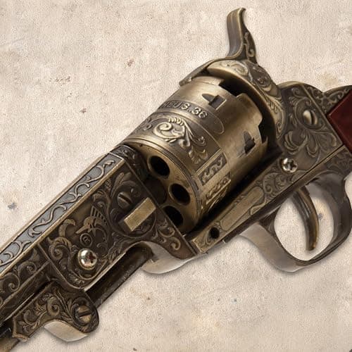 Outlaw Revolver Replica with Stand | 6 1/2" Stainless Steel Barrel | Wooden Grip | Includes Display Stand | Authentic Replica thumbnail 2