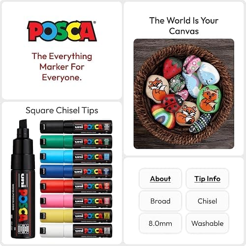 Authentic Posca Marker Set, 8 Professional Grade Posca Markers with 8K Broad Chisel Tips thumbnail 3