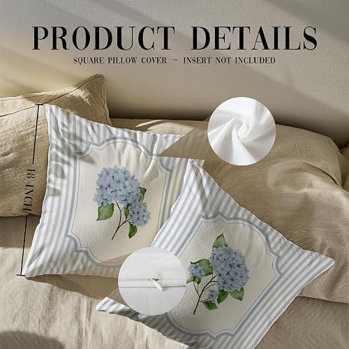 ZNGFON Vintage Blue and White Striped Hydrangea Floral Pillow Covers 18x18 Set of 2, Floral Room Decor, Rustic Blue and White Striped Botanical Flower Pillow Covers Decor thumbnail 6