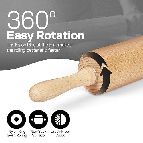 Wooden Rolling Pin 17.6 Inch with Rotating Ergonomic Handles – Classic Beech Wood Dough Roller for Baking Pizza, Pastry, Bread, and Cookies thumbnail 3