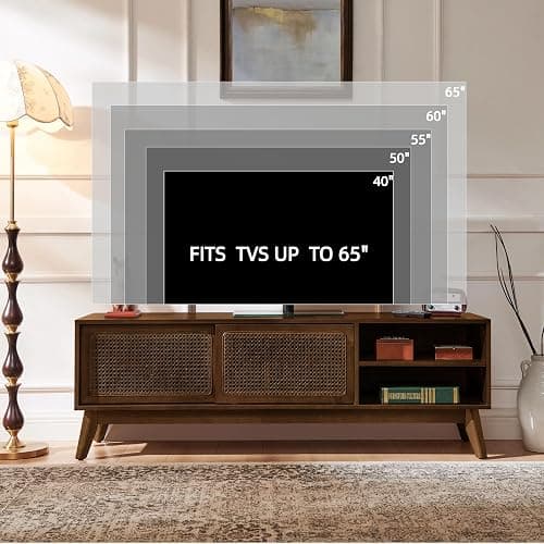 LKTART TV Stand for TVs up to 65'',Mid Century Modern Entertainment Center with Rattan Sliding Door,Boho Media Console for Living Room(Dark Walnut, 59") thumbnail 3