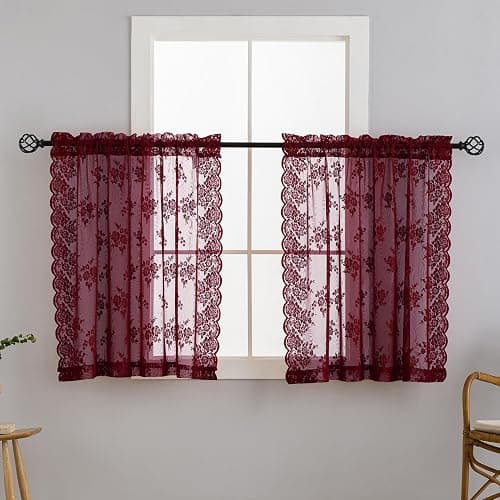 Kotile Burgundy Lace Curtains Short 30 Inch Length 2 Panels Cottagecore Floral Maroon Sheer Kitchen Curtains Over Sink, Rod Pocket Privacy Light Filtering Window Lace Cafe Curtain, 42 x 30 Inch thumbnail 9