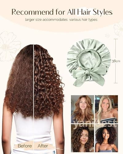 YANIBEST Adjustable Satin Bonnet for Sleeping, Double Layer Silk Bonnet with Tie Band for Women, Sleep Cap Curly Natural Hair, Green thumbnail 4
