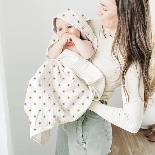 Konssy 2-Pack Muslin Hooded Baby Towels, 100% Cotton, Ultra-Soft & Absorbent Baby Bath Towels with Hood for Newborn & Infant (Camel, Sun,30" x 30") thumbnail 5