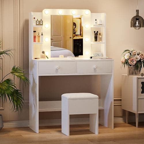 Haewon White Vanity Desk with Mirror and Lights, Makeup Vanity with 10 LED Bulbs and 3 Color Modes, Dressing Table Set with Power Outlets, Storage Drawers and Chair for Bedroom thumbnail 7