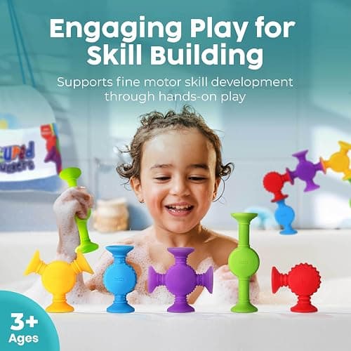 BUNMO Stocking Stuffers for Kids - Toddler Suction Bath Toys - Connect, Build, Create - Toddler Stocking Stuffers - Fine Motor Skills - Stimulating Sensory Fun - Textured 10 Pack thumbnail 3