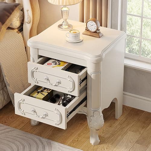 Tribesigns White Nightstand, End Table with 2 Drawers, Carved Bedside Tables, Side Table for Bedroom, Classic Bedroom Furniture, Night Stand White thumbnail 5