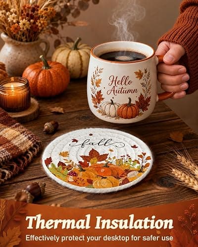 Kokaaee 4pc Braided Cotton Coasters Set, Fall Cat & Pumpkin Decor | 4.3",Absorbent,Heat-Resistant,with Holder,Woven Cloth Fabric,for Drinks Coffee Home Office Party Desk Table thumbnail 6