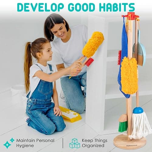 HELLOWOOD Kids Cleaning Set, 8 Pcs Wooden Housekeeping Play Set Includes Broom Mop Duster Dustpan Brushes Rag and Organizing Stand, Cleaning Toys Gift for Toddlers Girls Boys Age 3-6, Solid Beech Wood thumbnail 7