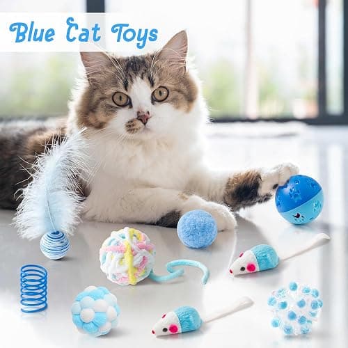 MALLMALL6 10Pcs Cat Toy Set Including Cat Springs Feather Teaser Wand Mice Crinkle Balls and Pet Bell Balls, Puzzle Interactive Pet Gift Pack Toys for Indoor Kitten (Blue) thumbnail 4