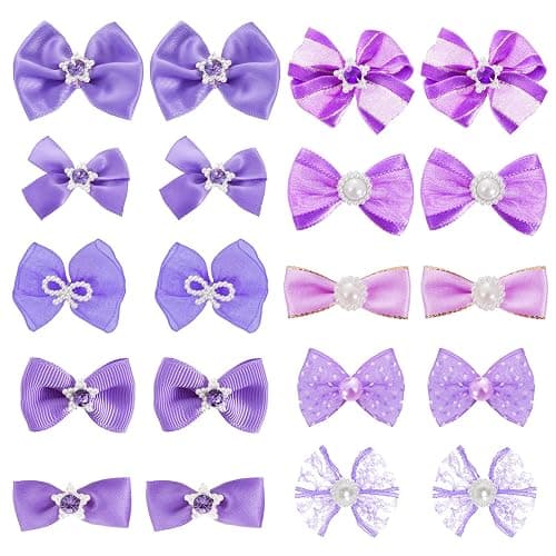 20 PCS Cute Dog Hair Bows with Rubber Bands Elastic Handmade Mix Style Lace Rhinestone Pearls for Furry Puppy Cat Pet Girl, Purple thumbnail 7
