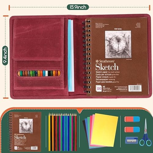 Plinyvel Travel Sketchbook Cover 5.5"x8.5" with Pencil Holder - Waxed Canvas Art Storage Case & Artist Padfolio Organizer Kit (Red) thumbnail 3