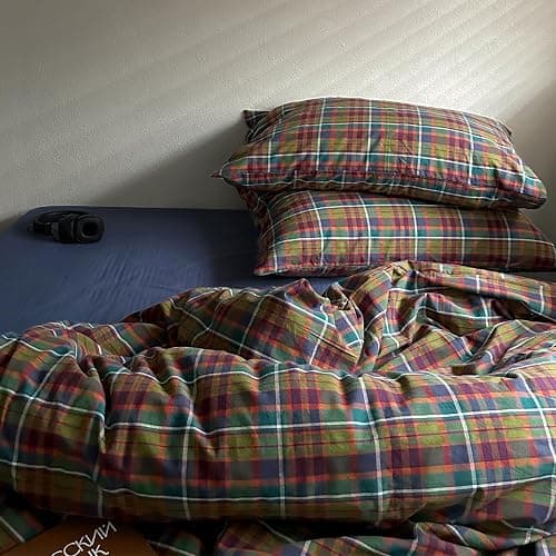 MKXI Buffalo Plaid Duvet Cover Set 3 Piece Vintage Bedding in Kelly Green, Navy & Red | 100% Washed Cotton Reversible Design with Zipper Closure & Corner Ties,Shabby Chic Aesthetic for Full thumbnail 4