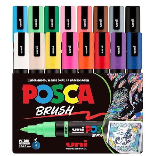 POSCA PC-5BR Water-Based Paint Markers, Reversible Brush Tip (1.0-4.0mm), Assorted Colors, 16 pack - Image 1