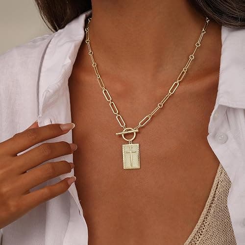 Moodear Cross Necklace for Women Trendy Chunky 14K Gold Plated/Silver Plated Cross Pendant Necklace Toggle Clasp Paperclip Chain Dainty Charm Necklace Fashion Religious Simple Jewelry Christian Gifts for Women Faith thumbnail 9
