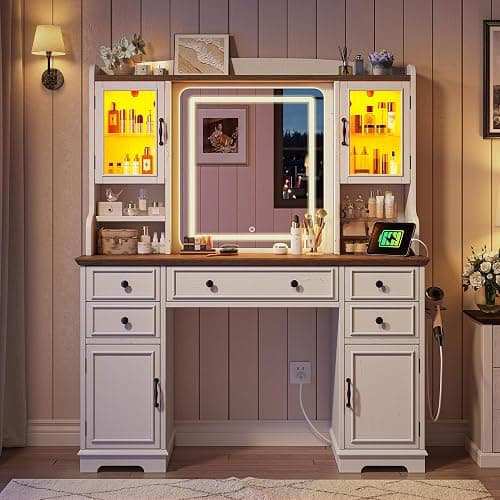 EnHomee Vanity Desk with Mirror and Lights, 43" White Makeup Vanity Desk with 5 Drawers & 2 RGB Glass Cabinets, Adjustable 3 LED Lights for Bedroom, Farmhouse Dressing Table for Women thumbnail 5