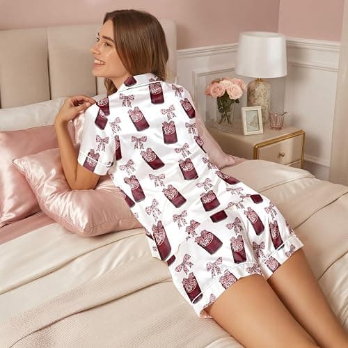 ELUNORUS Women 2PCs Satin Pajama Set Short Sleeve Silk Feel Gift Sleepwear | Soft stretch satin; relaxed comfort fit sizes S-3XL for sleep & lounge; short sleeve top, elastic waist shorts; easy care thumbnail 5