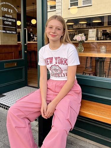 FJLSJSW Girls Clothes Teenage Girls 2 Piece Outfit Short Sleeve Top + Cargo Pants Outfits for Tweens,Sizes 7-16 Years thumbnail 5