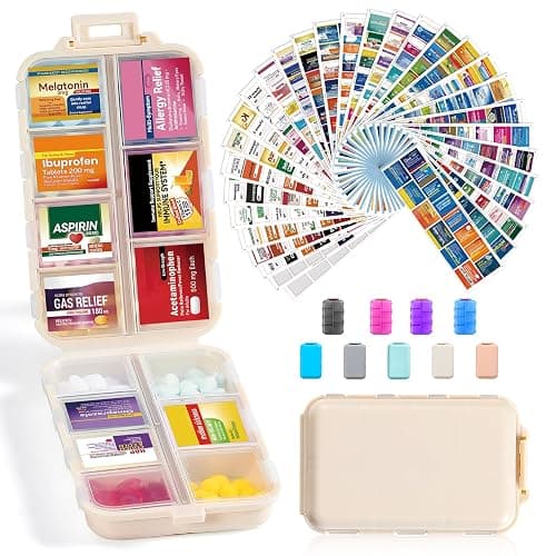 14 Grids Travel Pill Organizer Box with 415-Pcs Medicine Name Labels - Pocket Daily Pharmacy Case Container Kit - Travel Medication Holder Dispenser for Fish Oil Vitamin Supplement Storage - Khaki - Image 1