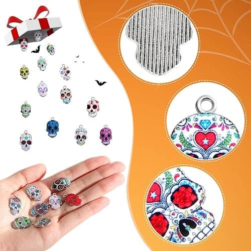 Hicarer 62 Pcs Sugar Skull Charms for Jewelry Making Halloween Enamel Charms Dia De Los Muertos Flower Skull Pendants for Necklaces Bracelets Earring Crafts(Chic Style) thumbnail 4