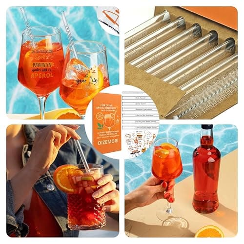 6 Stück 20cm Glasstrohhalme Aperol Spritz, Wiederverwendbar Glas Strohhalm Aperol Spritz Geschenkset mit Reinigungsbürste und 3 Rub On Sticker, für Cocktails, Smoothie und Säfte thumbnail 7