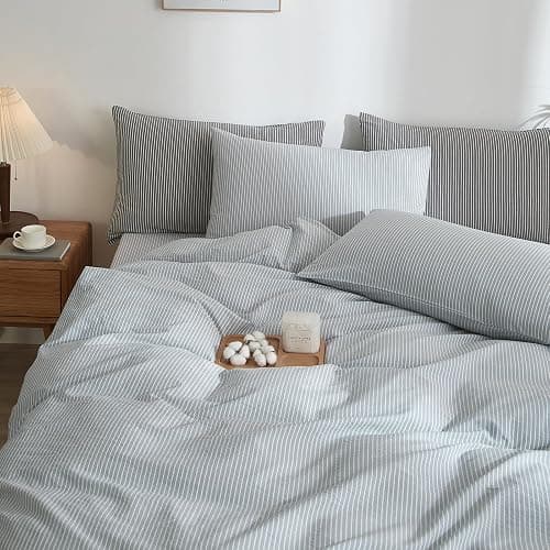 MWL Toy Striped Duvet Cover Set Full Size 3 Pcs Breathable Durable 100% Washed Cotton Comforter Cover for All Seasons Chic Linen Like Textured Bedding Set (Light Blue White Pinstripes, Full) thumbnail 2