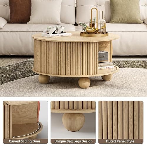 Vanvuson Round Coffee Table with Storage, 31.5" Mid Century Modern Coffee Table with Sliding Door & Bun Feet, Minimalist Fluted Center Table for Living Room, Home Small Space, Oak thumbnail 3