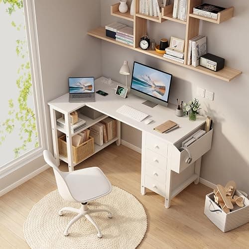 Lufeiya White L Shaped Computer Desk with Drawers & Storage Shelves, 47 Inch Corner Reversible Desk with Power Outlet for Home Office Bedroom, L-Shaped Teen PC Desks with Fabric Drawer, White thumbnail 2