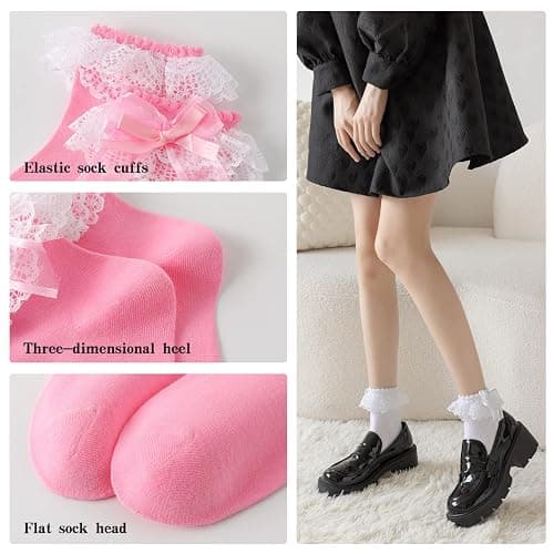 AMHRLINGTO Lace Ruffle Frilly Socks for Women - Lace Ankle Socks with Bow thumbnail 3
