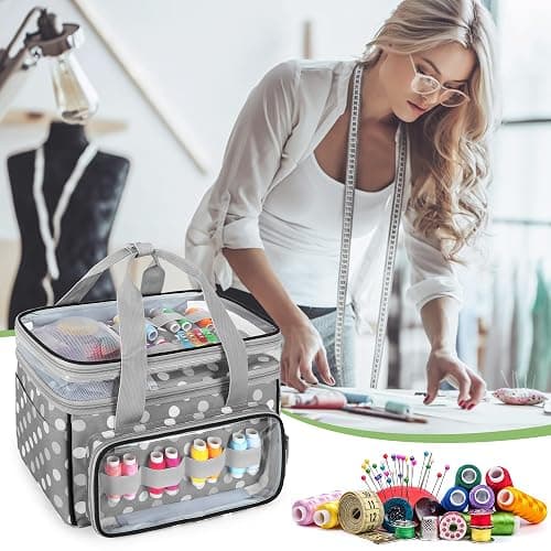 LUXJA Double-Layer Sewing Storage Organizer with Transparent Compartment, Large Sewing Organizer Bag with Detachable Divider for Sewing Supplies (Bag Only), Polka Dots thumbnail 7