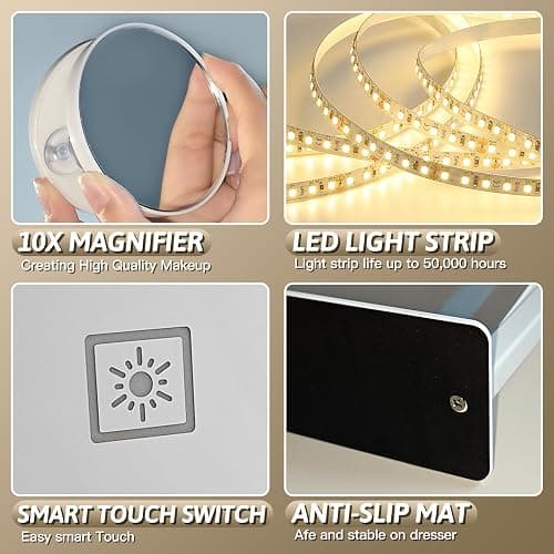 FENNIO Vanity Mirror with Lights, 12" x 16" Lighted Makeup Mirror with Smart Touch Control, 3 Color Modes & Brightness Adjustable, LED Makeup Mirror with 10X Magnification, 360° Rotation for Bedroom thumbnail 7