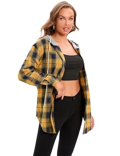 Women's Plaid Flannel Shirts Hoodie Long Sleeve Oversized Shirt Jacket Button Down Blouse Tops thumbnail 2