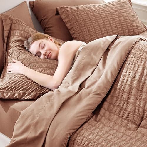 CozyLux Queen Comforter Set Mocha Mousse Seersucker 7 Pieces Bed in a Bag Queen Comforter Set with Sheets, Luxury Bedding Sets with Down Alternative Comforter, Sheets, Pillowcases & Shams All Seasons thumbnail 5