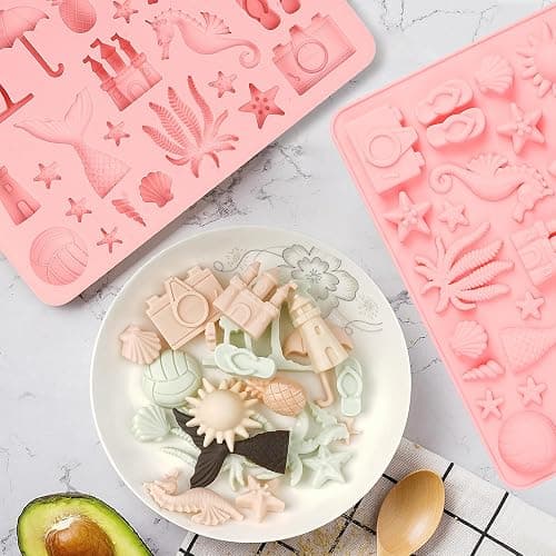 Wilewir Summer Beach Silicone Molds Shaped with Coconut Tree, Starfish and Shells, Summer Beach Candy Chocolate Silicone Mold for Cupcakes, Cakesicle Decorations, Summer Themed Party, Pack of 2 thumbnail 2