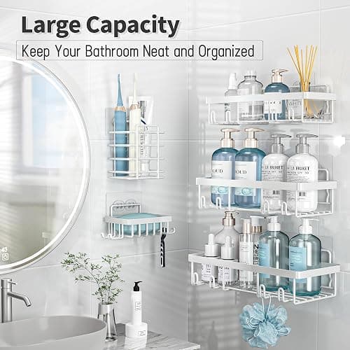 Liuoud 5 Pack Shower Caddy Organizer Rack Shelf for Inside Shower, Self Adhesive Wall Storage Basket Rustproof Stainless Steel Shampoo Holder Bathroom Accessory Decor Set, White thumbnail 3