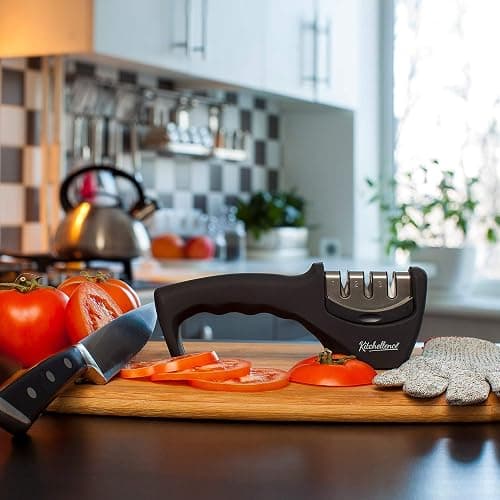 4-in-1 Kitchen Knife Accessories: 3-Stage Knife Sharpener Helps Repair, Restore, Polish Blades and Cut-Resistant Glove (Black) thumbnail 2