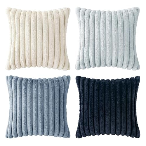MIULEE Faux Fur Plush Decorative Throw Pillow Covers 18x18 Set of 4, Summer Modern Soft Fuzzy Coastal Striped Cushion Covers for Sofa Couch Bed Living Room Cozy Home Decor,Navy Blue thumbnail 8