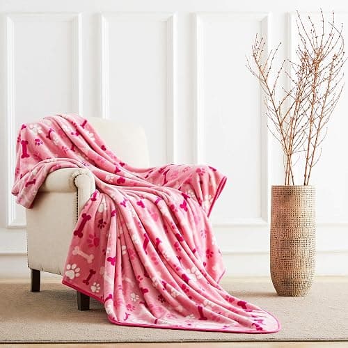 Allisandro Luxurious Dog Blanket, 350 GSM Super Fuzzy Microplush Fleece Pet Blankets for Small Medium Large Dogs and Cats, Pink Paw and Bone, 80" x 64” thumbnail 2
