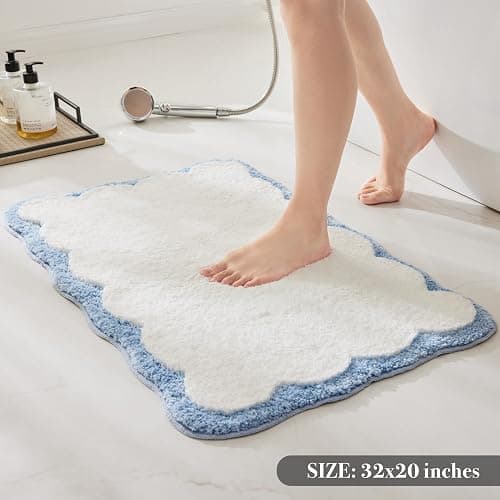 Luxury Microfiber Bathroom Rugs, White Bath Rug with Blue Scalloped Piping Cute Aesthetic Preppy Bath Mat for Bathroom, Tub, Floor Carpet, Sink, Shower, Anti Slip, Absorbent, 32x20 thumbnail 4