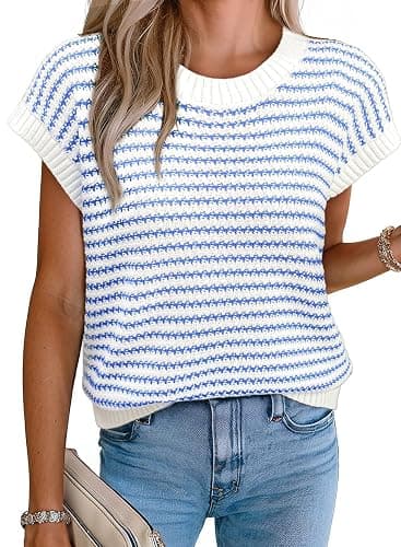EVALESS Women's Striped Cap Sleeve Sweater Vest Round Neck Tank Top | Dressy Sleeveless Pullovers for Womens, Lightweight Breathable Vests for Ladies, Business Casual Outfits 2026 Summer - Image 1