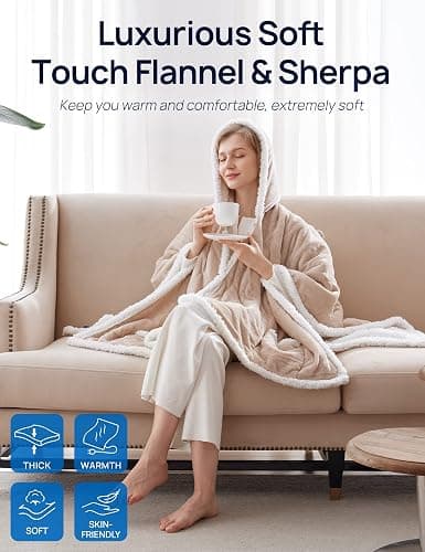 Westinghouse Wearable Heated Throw Blanket, Electric Heated Wrap Poncho Shawl with Pockets, 6 Heating Levels & 2 to 10 Hours Time Settings, 50 x 60 Inch, Beige thumbnail 3