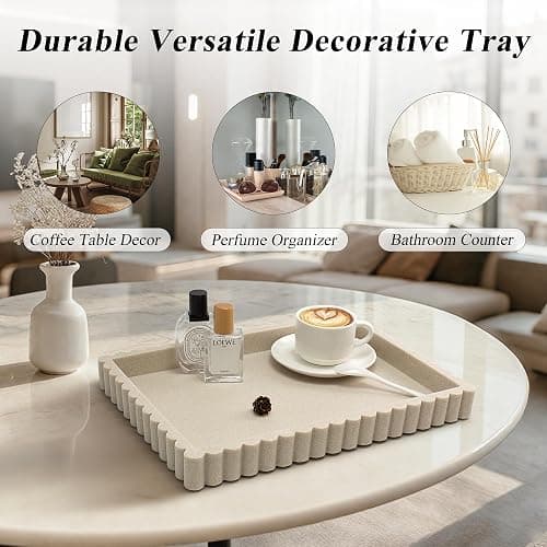 YMXYJM-Scalloped Coffee Table Tray，Ottoman Tray for Modern Home Decor. 14" Decorative Tray for Entryway Table Decor, Living Room Table Decor, Coffee Table Centerpiece - Beige Resin thumbnail 5
