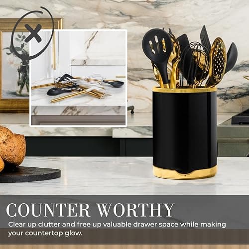 STYLED SETTINGS Black and Gold Cooking Utensils Set - 13-Piece Kitchen Set with Black Ceramic Utensil Holder and Stackable Gold Spoon Rest - Luxury Kitchen Accessories for Stylish Cooking and Serving thumbnail 8