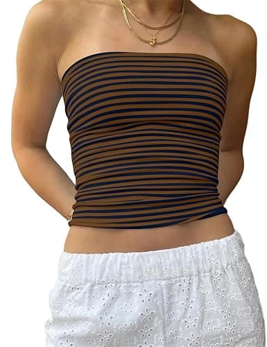 BAIGRAM Women Striped Tube Tops Summer Cute Going Out Crop Top Y2K Slim Fit Strapless Cropped Shirts Bandeau - Image 1