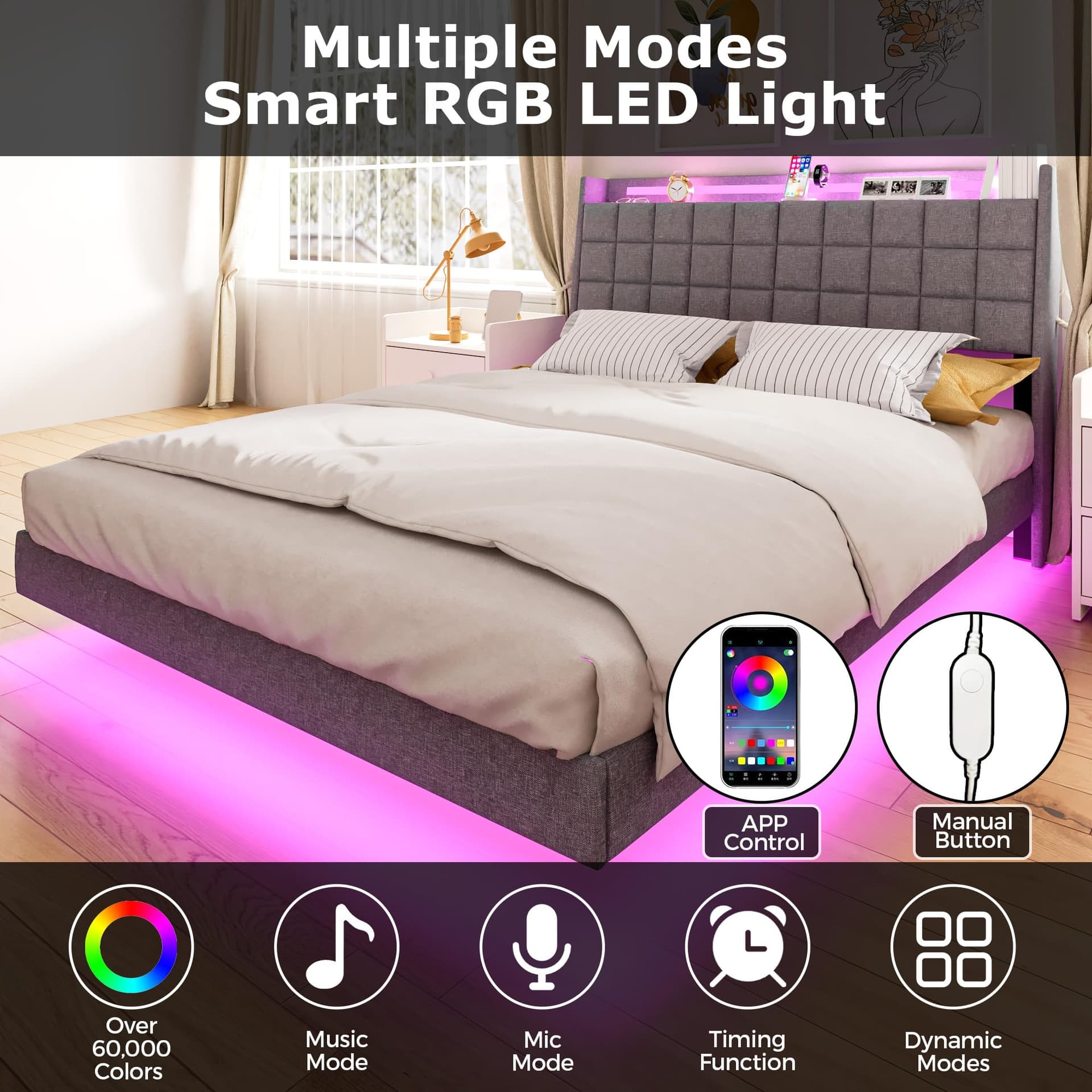 Advwin Queen Floating Bed Frame with LED Lights and Storage Headboard, Upholstered Platform Bed with Hidden Storage, No Box Spring Needed, Dark Grey thumbnail 5