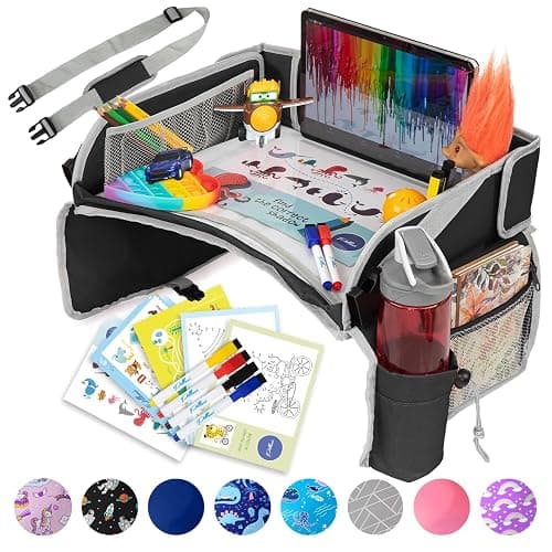 PILLANI Kids Travel Tray for Car - Car Seat Tray for Kids Travel, Road Trip Essentials Must Haves - Carseat Table Roadtrip Activities - Toddler Lap Desk Organizer for Airplane - Kids Travel Essentials - Blue Dinosaur thumbnail 2