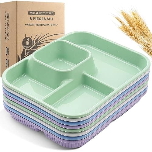 Pinkunn 8 Pcs 10'' Divided Plates Unbreakable Wheat Straw Dinnerware Lunch Trays Lightweight Reusable Plastic Compartment Microwave Dishwasher Safe Separator Plates (White, Blue, Purple, Green) - Image 1