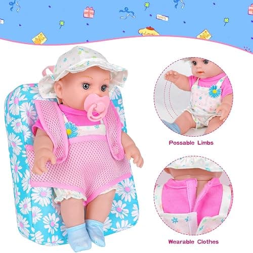 12" Girls Baby Doll Daisy Theme Backpack Carrier Playset,12 Inch Reborn Baby Dolls With Accessories And Clothes Set Toy Stuffs Pink Hanky Diaper Bottle Nipple And Gifts For Baby Toddler Age 3+ thumbnail 6