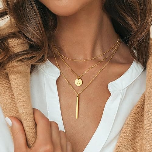 Vjoypro Initial Layered Necklaces for Women, 14K-Gold-Plated Coin Letter Necklace Bar Stacking Layer Necklace Multi Bar Layering Y-Necklaces Jewelry for Women thumbnail 3